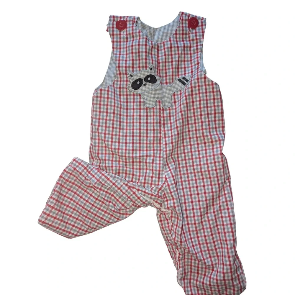 Le' Za Me Baby Boys Red Gingham Raccoon Applique Longall Romper Smocked 12M